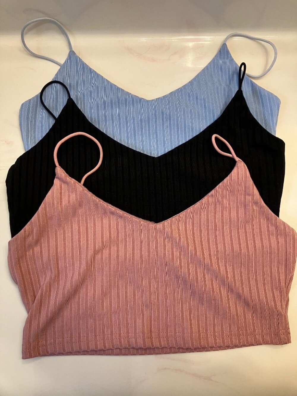 Worn (3) Shein Skinny Strap Crop Tops Blush/Blue/Black Size S